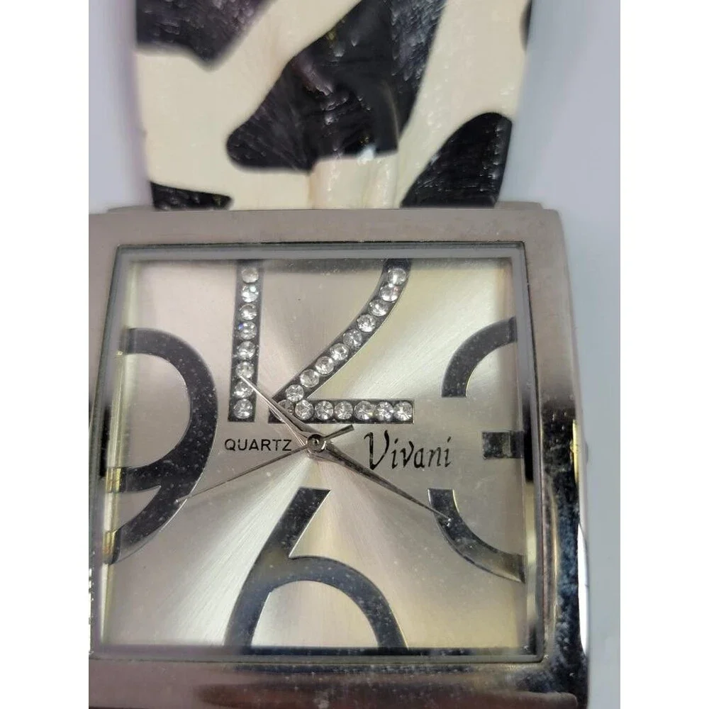 Vivani K1181 Quartz Watch Silver Tone Square Case Animal Print Wide Band